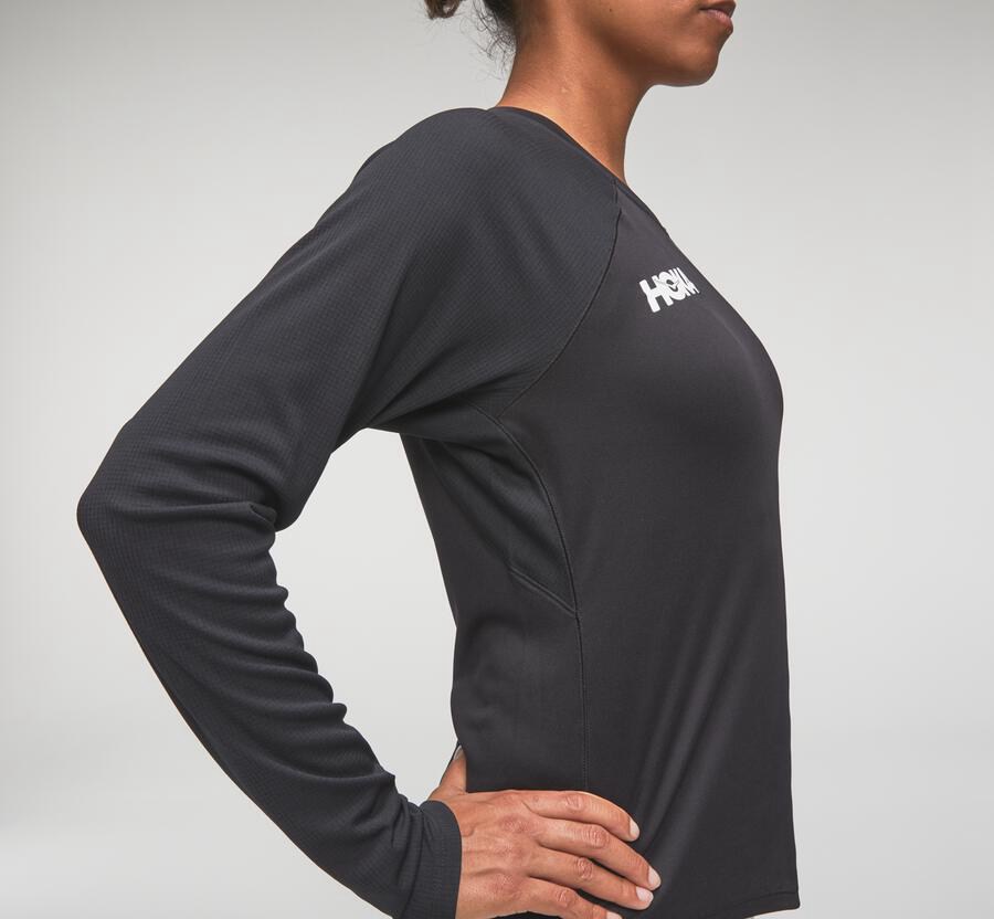 Hoka One One Top Damske Čierne - Performance Dlho Sleeve - 08156-QDGM